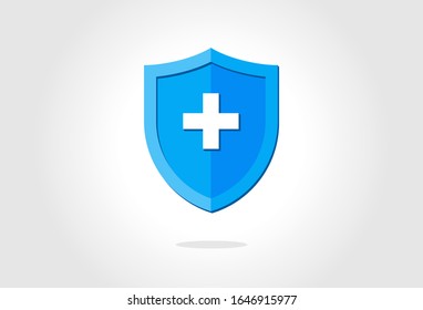 Blue medical health protection shield with cross. Healthcare medicine protected steel guard concept symbol. Vector insurance and safety icon isolated illustration