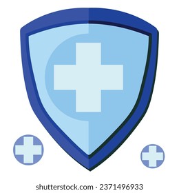 Blue medical health protection shield cross on white background. Healthcare security label. Medical logo template. VPN server logo. Vector illustration