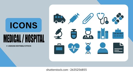 Blue Medical and Hospital Icon Set.
Minimalist vector icon collection representing healthcare and medical services, featuring symbols like stethoscope, ambulance, syringe, heart, pills, and all.