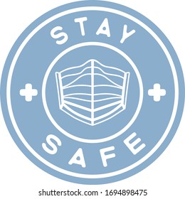 blue medical icon with contour face mask and text "stay safe"