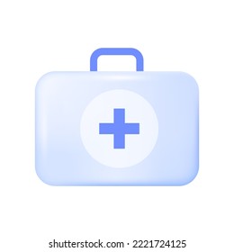 Blue Medical Kit Box With Cross Sign 3D Icon. Doctors Bag With First Aid Supplies For Treatment And Health Care 3D Vector Illustration On White Background. Emergency, Hospital, Medicine Concept