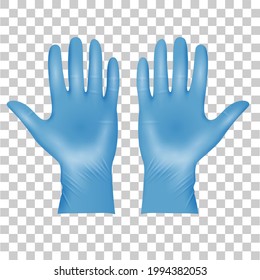 Blue Medical latex protective gloves, realistic black gloves on transparent . Details 3d style medical gloves. Vector illustration