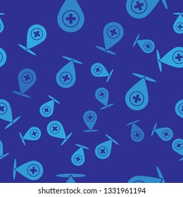 Blue Medical map pointer with cross hospital icon isolated seamless pattern on blue background. Vector Illustration