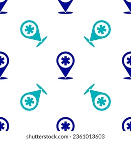Blue Medical map pointer with cross hospital icon isolated seamless pattern on white background.  Vector Illustration