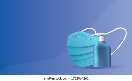 blue medical mask with disinfectant bottles for covid19 prevention method vector illustration design