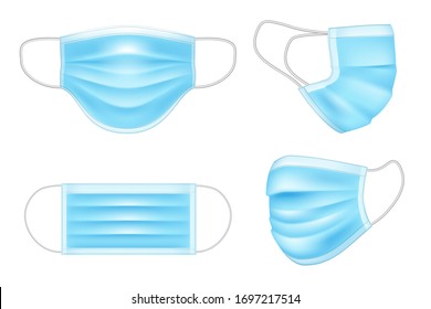 Blue medical mask for doctor and patient. Realistic 3d surgical face mask isolated on white. vector illustration