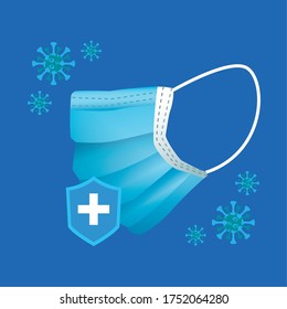 blue medical mask protection with shield and covid particles for covid19 prevention method vector illustration design