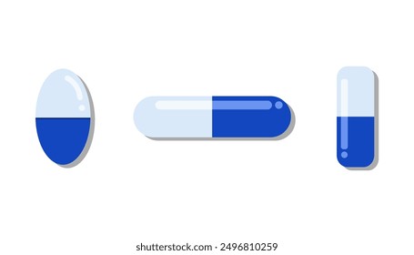 Blue Medical pills. drugs, medicine capsules and vitamins, healthcare pharmacy tablets. Vector illustration