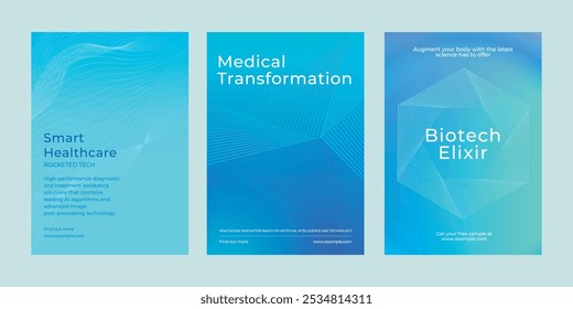 Blue medical posters with techs. Keywords: medical, transformation, biotech. Emphasize medical transformation and biotech elixir. Tech-focused design. Medical technology, healthcare template vector.