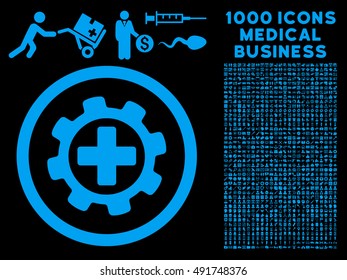 Blue Medical Settings vector rounded icon. Image style is a flat icon symbol inside a circle, black background. Bonus set includes 1000 health care business elements.