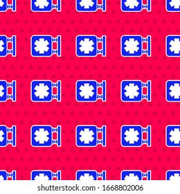 Blue Medical symbol of the Emergency - Star of Life icon isolated seamless pattern on red background.  Vector Illustration
