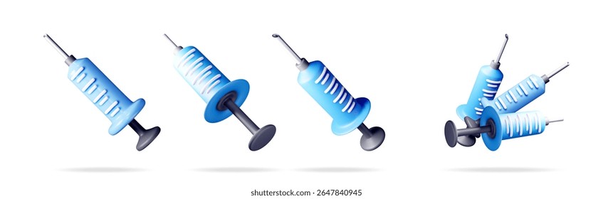 Seringa ou injetor médico azul ajustado para o conceito de vacinação, medicamento, cuidados de saúde ou material de promoção da imunização.