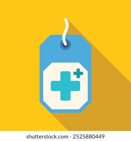 Blue medical tag with a white cross symbol on a yellow background representing healthcare