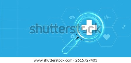 Blue medical tech background with magnifying glass and health icons, symbolizing digital healthcare search