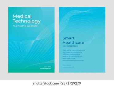 Blue medical technology brochure with abstract design. Features text on healthcare, AI, and diagnostics. Emphasizes technology and healthcare solutions. Medical technology, healthcare template vector.