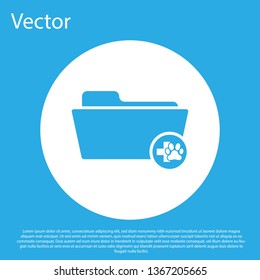 Blue Medical veterinary record folder icon isolated on blue background. Dog or cat paw print. Document for pet. Patient file icon. White circle button. Vector Illustration