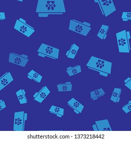 Blue Medical veterinary record folder icon isolated seamless pattern on blue background. Dog or cat paw print. Document for pet. Patient file icon. Vector Illustration