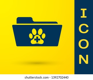 Blue Medical veterinary record folder icon isolated on yellow background. Dog or cat paw print. Document for pet. Patient file icon. Vector Illustration
