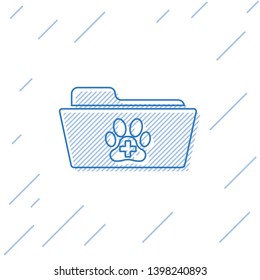 Blue Medical veterinary record folder line icon isolated on white background. Dog or cat paw print. Document for pet. Patient file icon. Vector Illustration