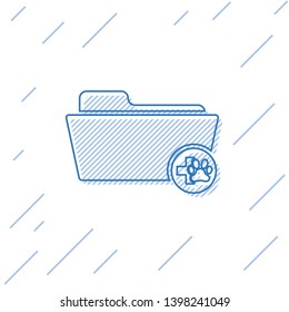 Blue Medical veterinary record folder line icon isolated on white background. Dog or cat paw print. Document for pet. Patient file icon. Vector Illustration