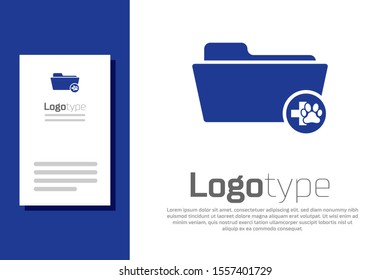 Blue Medical veterinary record folder icon isolated on white background. Dog or cat paw print. Document for pet. Patient file icon. Logo design template element. Vector Illustration