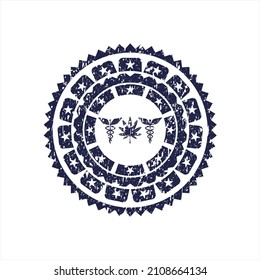 Blue medicinal weed icon inside rubber grunge seal. 