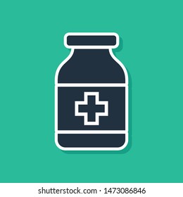Blue Medicine bottle icon isolated on green background. Bottle pill sign. Pharmacy design.  Vector Illustration