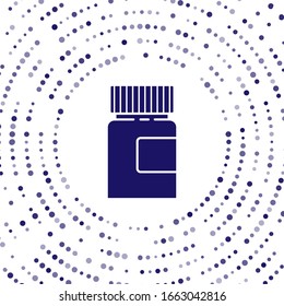 Blue Medicine bottle icon isolated on white background. Bottle pill sign. Pharmacy design. Abstract circle random dots. Vector Illustration