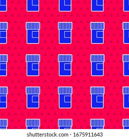 Blue Medicine bottle icon isolated seamless pattern on red background. Bottle pill sign. Pharmacy design.  Vector Illustration