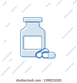 Blue Medicine bottle and pills line icon isolated on white background. Bottle pill sign. Pharmacy design. Vector Illustration