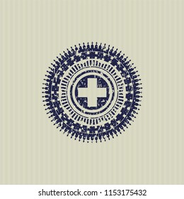 Blue medicine icon inside distressed rubber seal