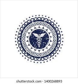 Blue medicine icon inside distressed grunge style stamp