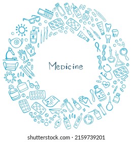 Blue Medicine Icons Doodle Set On White. Health Care, Pharmacy Icons. Vector Illustration.