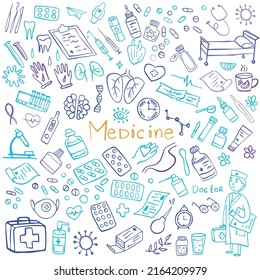 Blue Medicine icons doodle set on white. Health care, pharmacy icons. Vector illustration.