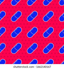 Blue Medicine pill or tablet icon isolated seamless pattern on red background. Capsule pill and drug sign. Pharmacy design.  Vector Illustration