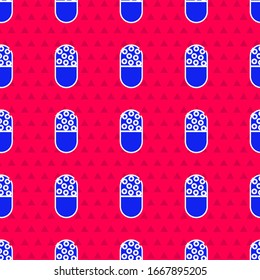 Blue Medicine Pill Or Tablet Icon Isolated Seamless Pattern On Red Background. Capsule Pill And Drug Sign. Pharmacy Design.  Vector Illustration