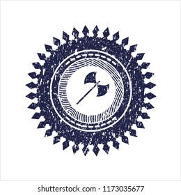 Blue medieval axe icon inside distress rubber seal