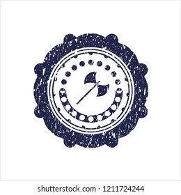 Blue medieval axe icon inside distress rubber seal with grunge texture