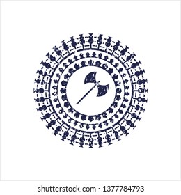 Blue medieval axe icon inside distress grunge stamp