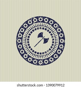 Blue medieval axe icon inside distress grunge style stamp