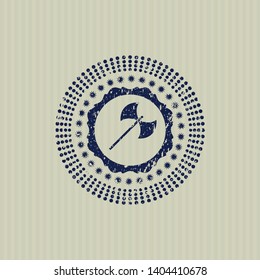 Blue medieval axe icon inside distress rubber seal with grunge texture