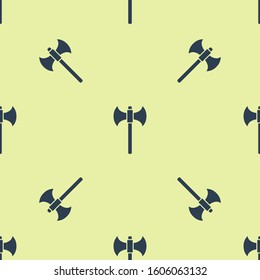 Blue Medieval axe icon isolated seamless pattern on yellow background. Battle axe, executioner axe.  Vector Illustration
