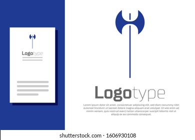 Blue Medieval axe icon isolated on white background. Battle axe, executioner axe. Medieval weapon. Logo design template element. Vector Illustration
