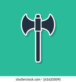 Blue Medieval axe icon isolated on green background. Battle axe, executioner axe.  Vector Illustration