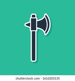 Blue Medieval axe icon isolated on green background. Battle axe, executioner axe.  Vector Illustration