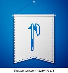 Blue Medieval axe icon isolated on blue background. Battle axe, executioner axe. Medieval weapon. White pennant template. Vector