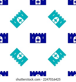 Puerta del castillo medieval azul en un icono de pared de piedra aislado en un patrón sin fisuras sobre fondo blanco. Fortaleza medieval. Protección contra enemigos.  Vector
