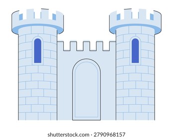 Blue medieval castle with two towers and arched gate vector illustration. Security, history, fantasy gaming, protection, strength, architecture. Ancient stone fortress with battlements and turrets