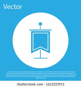 Blue Medieval flag icon isolated on blue background. Country, state, or territory ruled by a king or queen. White circle button. Vector Illustration