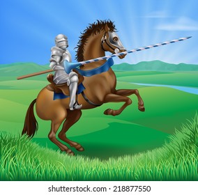 A blue medieval knight in armor riding on horseback on a brown horse holding a jousting lance in green field of grass